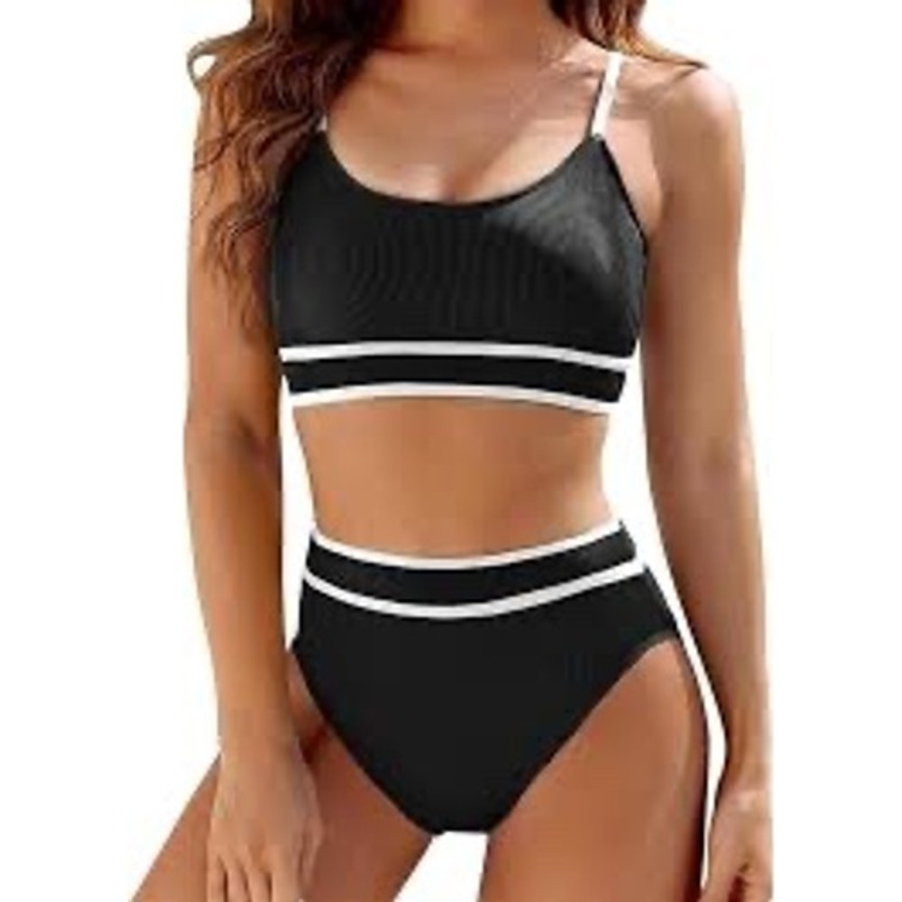 BMJL Womens Ribbed High Waisted Bikini Set Black White Contrast Trim Size Large
